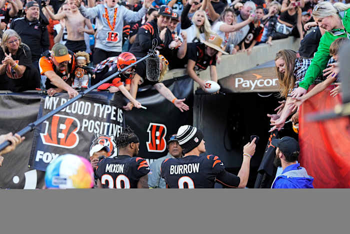 Cincinnati Bengals running back Joe Mixon (28) and quarterback Joe Burrow (9) walk for the locker room after the fourth quarter during a Week 9 NFL game, Sunday, Nov. 6, 2022, at Paycor Stadium in Cincinnati. Mandatory Credit: Sam Greene-The Enquirer Nfl Carolina Panthers At Cincinnati Bengals